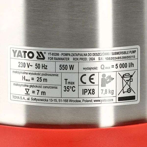 Погружной насос Yato YT85286 550 Вт 5000 л/ч photo 5 Погружной насос Yato YT85286 550 Вт 5000 л/ч photo 5
