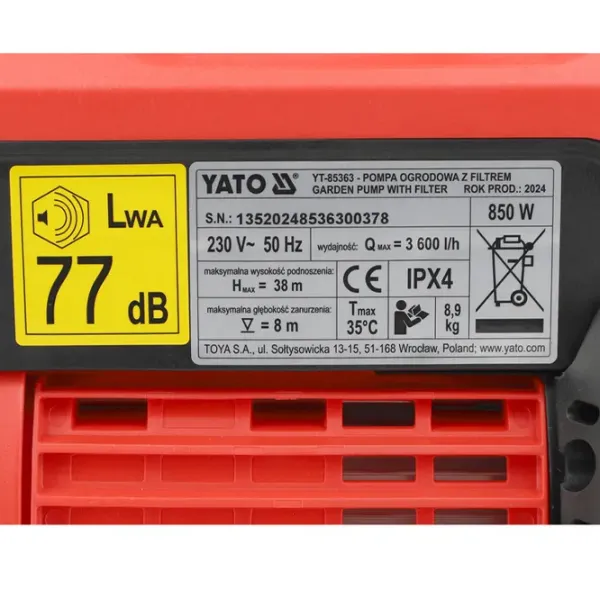 Pompa submersibilă Yato YT85363 850 W 3600 l/h photo 5