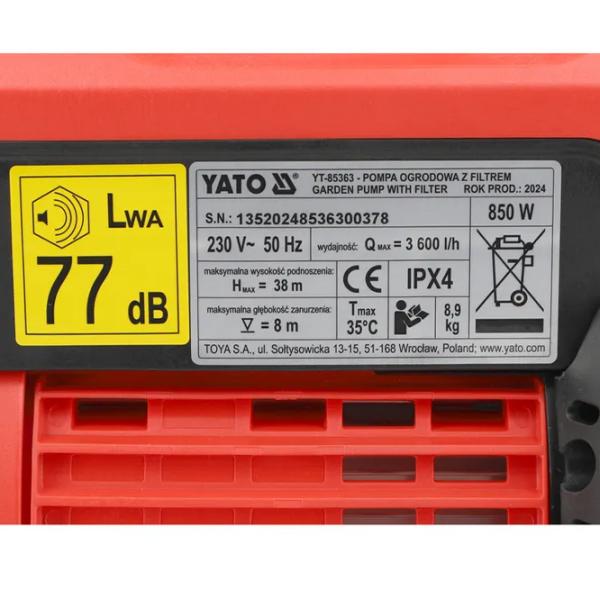 Pompa submersibilă Yato YT85363 850 W 3600 l/h photo 5