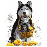 Картина по номерам Strateg Хаски и котенок в корзине SS1060 40 x 30 cm / Вертикальная