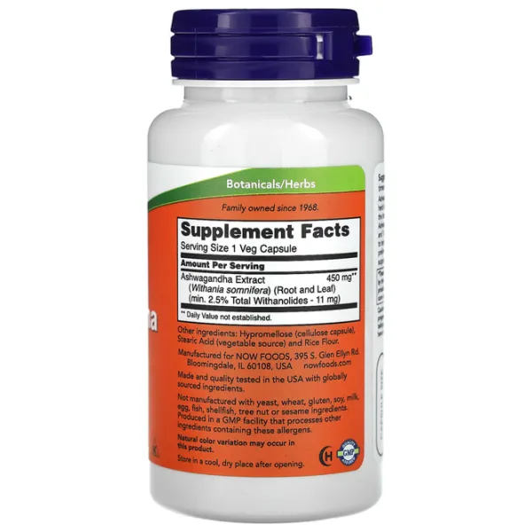 Stimulatoare de testosteron Now Foods Ashwagandha EXT 450mg (733739046031) 90 photo 2