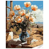 Картина по номерам Strateg Нежные маки на подоконнике SS1034 40 x 30 cm / Вертикальная