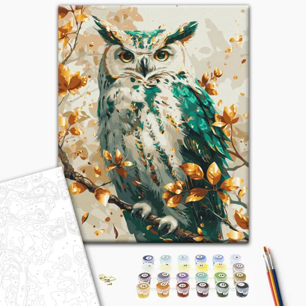 Pictură pe numere BrushMe Bufniță smarald cu culori metalizate BS54117 50 x 40 cm / Verticală photo 2