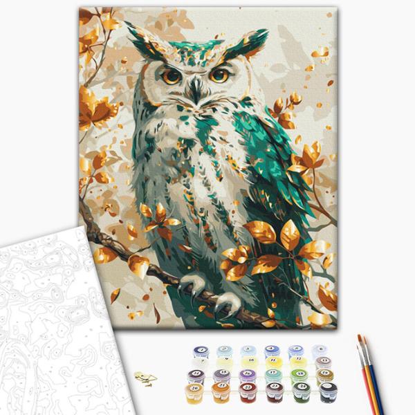 Pictură pe numere BrushMe Bufniță smarald cu culori metalizate BS54117 50 x 40 cm / Verticală photo 2