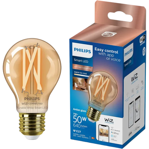 Bec inteligent LED cu filament Philips Filament Amber WIZ 929003017421 E27 / 7 W / 2000 K / 640lm / White photo 3 Bec inteligent LED cu filament Philips Filament Amber WIZ 929003017421 E27 / 7 W / 2000 K / 640lm / White photo 3