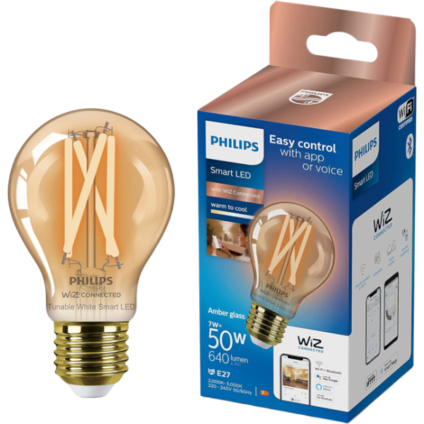 Bec inteligent LED cu filament Philips Filament Amber WIZ 929003017421 E27 / 7 W / 2000 K / 640lm / White photo 3 Bec inteligent LED cu filament Philips Filament Amber WIZ 929003017421 E27 / 7 W / 2000 K / 640lm / White photo 3