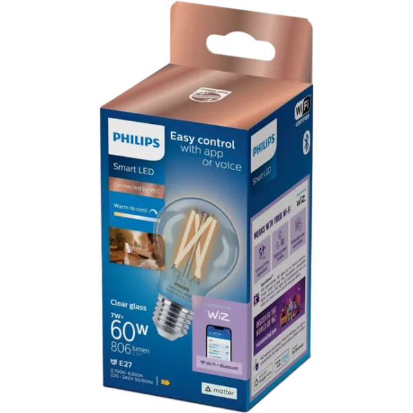Умная лампочка светодиодная филаментная Philips Bulb Filament WIZ 929003017221 E27 / 7 Вт / 2000 K / 806лм / White photo 3 Умная лампочка светодиодная филаментная Philips Bulb Filament WIZ 929003017221 E27 / 7 Вт / 2000 K / 806лм / White photo 3