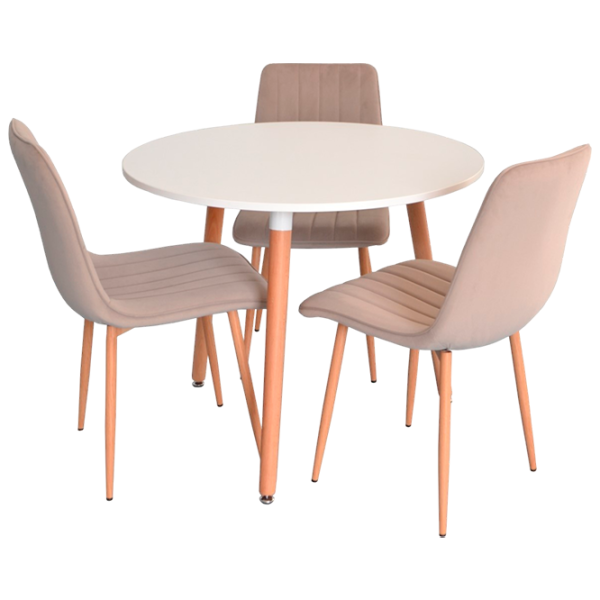 Обеденные стол со стульями Evelin DT 404-1+3 (XR-154WO) Круглая / ДСП / Light Beige photo 1 Обеденные стол со стульями Evelin DT 404-1+3 (XR-154WO) Круглая / ДСП / Light Beige photo 1