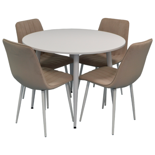 Обеденные стол со стульями Evelin DT 402-5+4 8 (XR-154Wh) Круглая / ДСП / Light Beige photo 1 Обеденные стол со стульями Evelin DT 402-5+4 8 (XR-154Wh) Круглая / ДСП / Light Beige photo 1