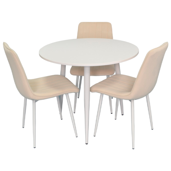 Обеденные стол со стульями Evelin DT 404-5+3 8 (XR-154Wh) Круглая / ДСП / Light Beige photo 1 Обеденные стол со стульями Evelin DT 404-5+3 8 (XR-154Wh) Круглая / ДСП / Light Beige photo 1