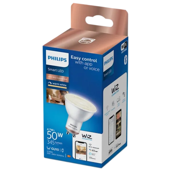 Bec inteligent LED Philips Spot WIZ 929002448121 GU10 / 4.7 W / 2700 K / / White photo 3 Bec inteligent LED Philips Spot WIZ 929002448121 GU10 / 4.7 W / 2700 K / / White photo 3