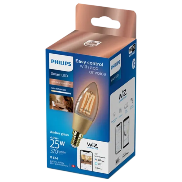 Умная лампочка светодиодная филаментная Philips Candle Filament WIZ 929003017721 E14 / 4.9 Вт / 2000 K / / Yellow photo 2 Умная лампочка светодиодная филаментная Philips Candle Filament WIZ 929003017721 E14 / 4.9 Вт / 2000 K / / Yellow photo 2