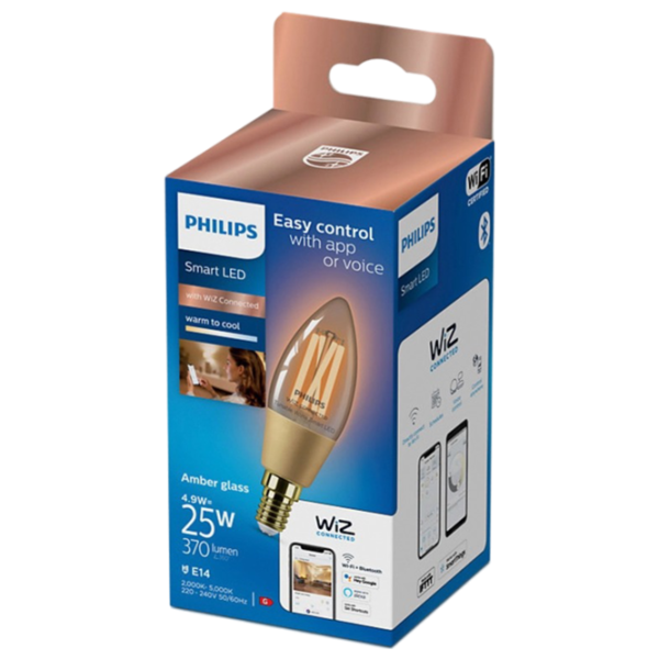 Умная лампочка светодиодная филаментная Philips Candle Filament WIZ 929003017721 E14 / 4.9 Вт / 2000 K / / Yellow photo 2 Умная лампочка светодиодная филаментная Philips Candle Filament WIZ 929003017721 E14 / 4.9 Вт / 2000 K / / Yellow photo 2