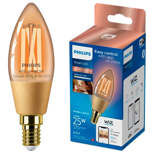 Умная лампочка светодиодная филаментная Philips Candle Filament WIZ 929003017721 E14 / 4.9 Вт / 2000 K / / Yellow photo 3 Умная лампочка светодиодная филаментная Philips Candle Filament WIZ 929003017721 E14 / 4.9 Вт / 2000 K / / Yellow photo 3