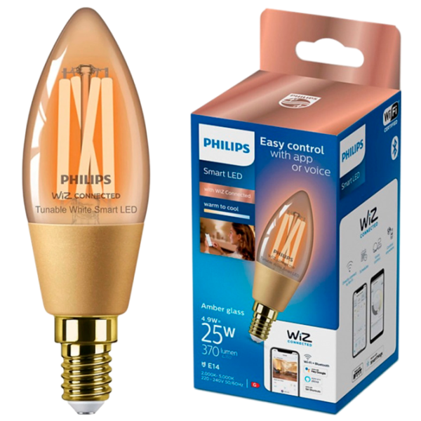 Умная лампочка светодиодная филаментная Philips Candle Filament WIZ 929003017721 E14 / 4.9 Вт / 2000 K / / Yellow photo 3 Умная лампочка светодиодная филаментная Philips Candle Filament WIZ 929003017721 E14 / 4.9 Вт / 2000 K / / Yellow photo 3
