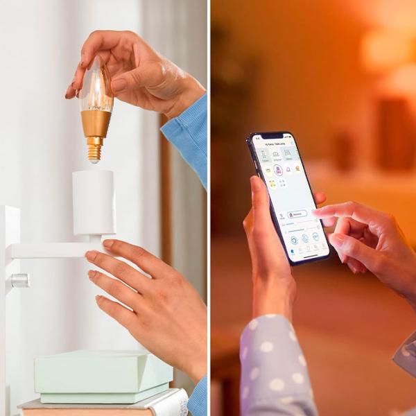 Умная лампочка светодиодная филаментная Philips Candle Filament WIZ 929003017721 E14 / 4.9 Вт / 2000 K / / Yellow photo 4 Умная лампочка светодиодная филаментная Philips Candle Filament WIZ 929003017721 E14 / 4.9 Вт / 2000 K / / Yellow photo 4