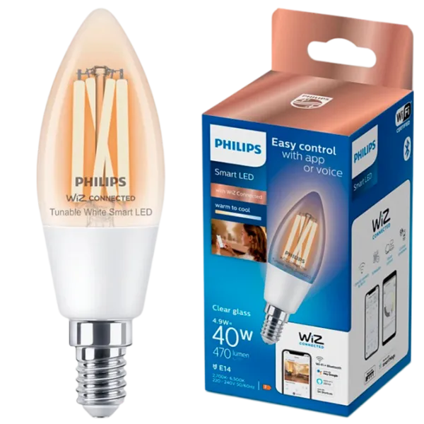 Умная лампочка светодиодная филаментная Philips Candle Filament WIZ 929003017621 E14 / 4.9 Вт / 6500 К / / Yellow photo 2 Умная лампочка светодиодная филаментная Philips Candle Filament WIZ 929003017621 E14 / 4.9 Вт / 6500 К / / Yellow photo 2