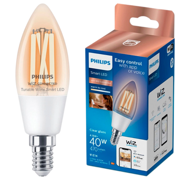 Умная лампочка светодиодная филаментная Philips Candle Filament WIZ 929003017621 E14 / 4.9 Вт / 6500 К / / Yellow photo 2 Умная лампочка светодиодная филаментная Philips Candle Filament WIZ 929003017621 E14 / 4.9 Вт / 6500 К / / Yellow photo 2