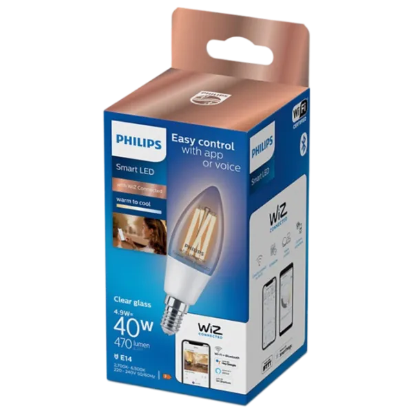 Умная лампочка светодиодная филаментная Philips Candle Filament WIZ 929003017621 E14 / 4.9 Вт / 6500 К / / Yellow photo 3 Умная лампочка светодиодная филаментная Philips Candle Filament WIZ 929003017621 E14 / 4.9 Вт / 6500 К / / Yellow photo 3