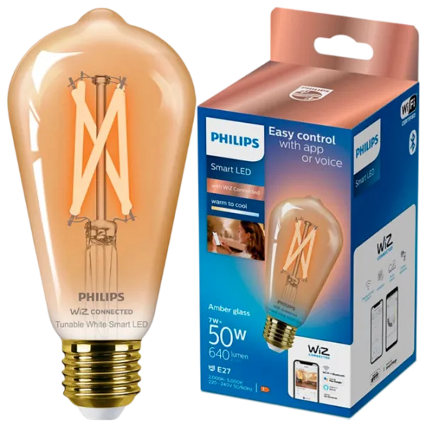 Умная лампочка светодиодная филаментная Philips WIZ 929003018721 E27 / 7 Вт / 2000 K / / White photo 3 Умная лампочка светодиодная филаментная Philips WIZ 929003018721 E27 / 7 Вт / 2000 K / / White photo 3