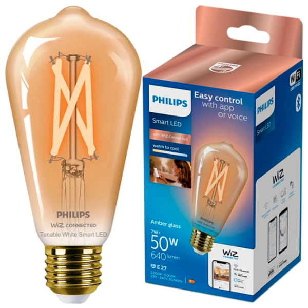 Умная лампочка светодиодная филаментная Philips WIZ 929003018721 E27 / 7 Вт / 2000 K / / White photo 3 Умная лампочка светодиодная филаментная Philips WIZ 929003018721 E27 / 7 Вт / 2000 K / / White photo 3