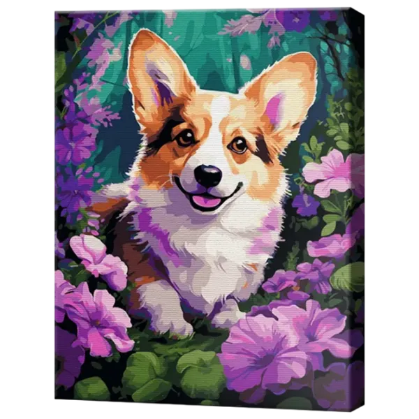 Pictură pe numere Art Gallery Corgi în flori GX46482 50 x 40 cm / Verticală photo 1