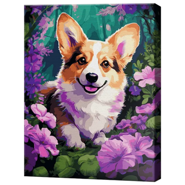 Pictură pe numere Art Gallery Corgi în flori GX46482 50 x 40 cm / Verticală photo 1