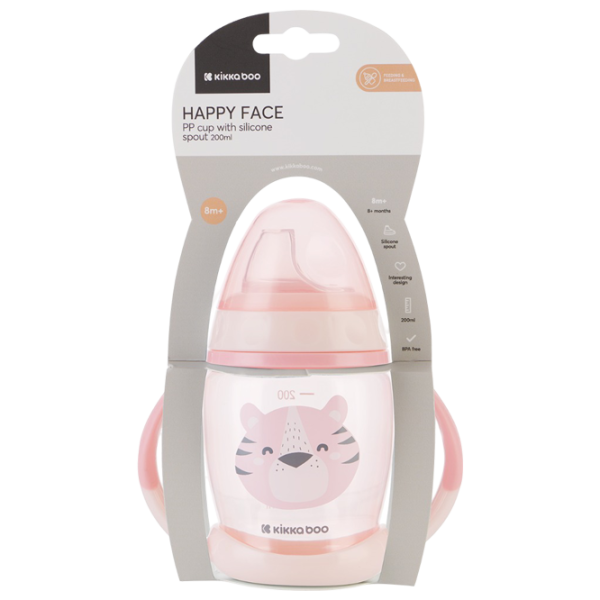 Sticluță cu pai KikkaBoo Happy Face 0.2l 8 luni / Polipropilenă / Pink photo 3