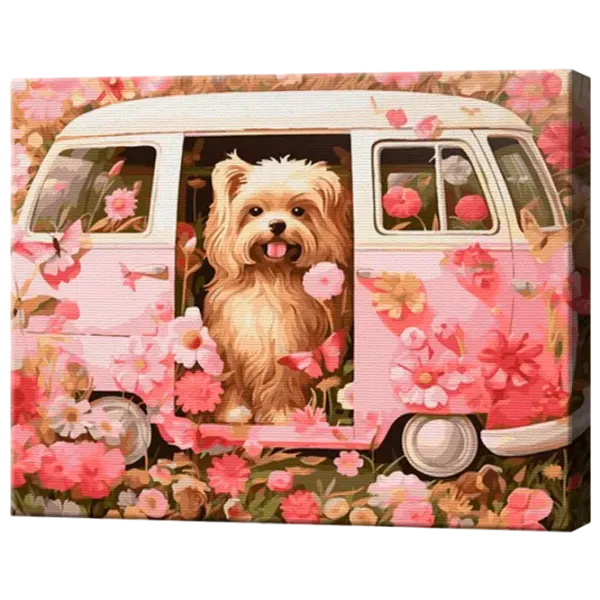 Pictură pe numere Art Gallery Câinele într-un autobus roz GX47325 50 x 40 cm / Orizontală photo 1 Pictură pe numere Art Gallery Câinele într-un autobus roz GX47325 50 x 40 cm / Orizontală photo 1