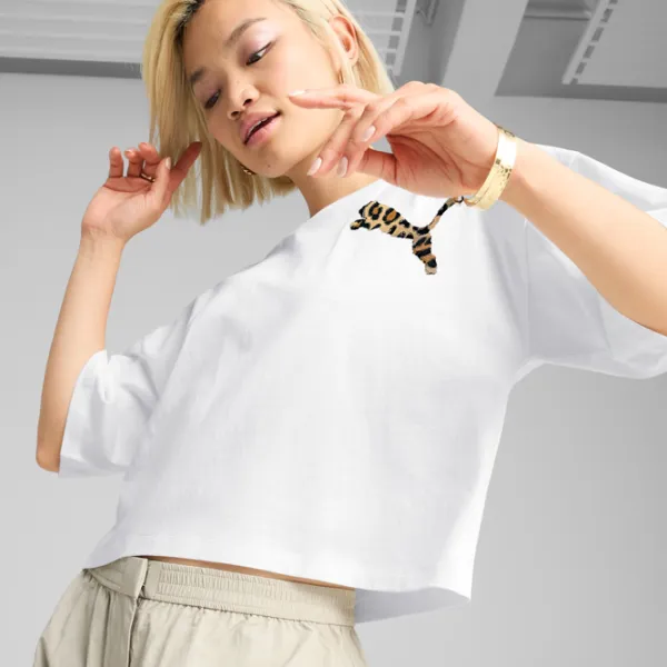 Футболка для женщин Puma Wardrobe Ess Leo Luxe Graphic Short 20% полиэстер / Белый photo 5 Футболка для женщин Puma Wardrobe Ess Leo Luxe Graphic Short 20% полиэстер / Белый photo 5