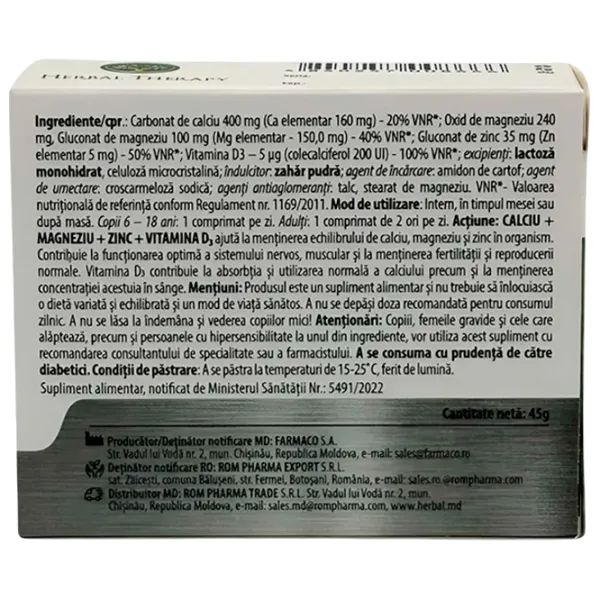 Vitamine și minerale Herbal Therapy Calciu + Magneziu + Zinc + Vitamina D3 30 photo 2 Vitamine și minerale Herbal Therapy Calciu + Magneziu + Zinc + Vitamina D3 30 photo 2