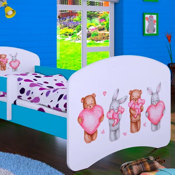 Pat pentru copii Happy Babies Happy Animals with Hearts L07 90 x 190 cm / PVC / Blue photo 4 Pat pentru copii Happy Babies Happy Animals with Hearts L07 90 x 190 cm / PVC / Blue photo 4