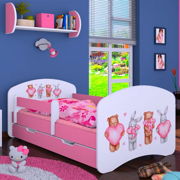 Pat pentru copii Happy Babies Happy Animals with Hearts L04 80 x 160 cm / Placa / Pink photo 2