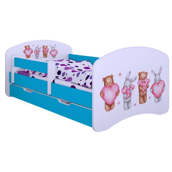 Pat pentru copii Happy Babies Happy Animals with Hearts L02 70 x 140 cm / Placa / Blue photo 1