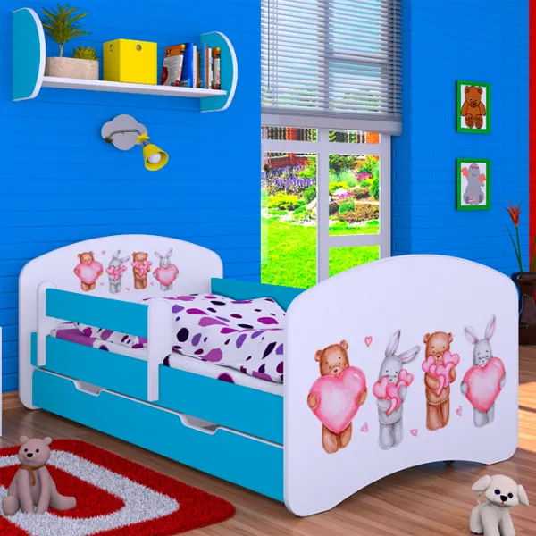 Pat pentru copii Happy Babies Happy Animals with Hearts L02 70 x 140 cm / Placa / Blue photo 2