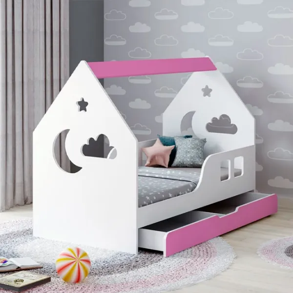 Pat pentru copii Happy Babies House Cloud L04 80 x 160 cm / PAL / Pink photo 1