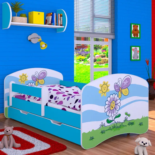 Детская кровать Happy Babies Happy Flower And Butterfly L08 90 x 190 см / Щит / Синий photo 1