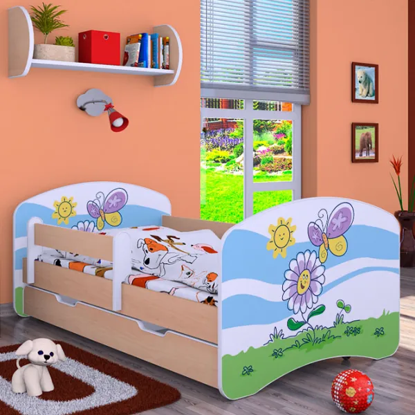 Pat pentru copii Happy Babies Happy Flower And Butterfly L08 90 x 190 cm / Placa / Light Pear photo 1