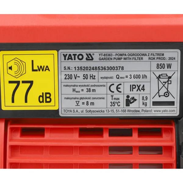 Pompă de suprăfață Yato YT85371 850 W 3600 l/h photo 8 Pompă de suprăfață Yato YT85371 850 W 3600 l/h photo 8