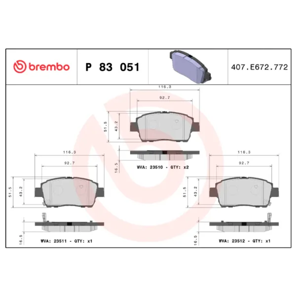 Plăcuțe de frână Brembo P 83 051 Față / Disk  photo 4 Plăcuțe de frână Brembo P 83 051 Față / Disk  photo 4
