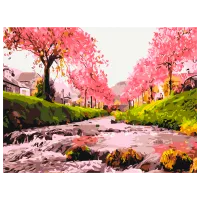 Pictură pe numere BrushMe Râul în sakura RBS25577FC 40 x 30 cm / Orizontală