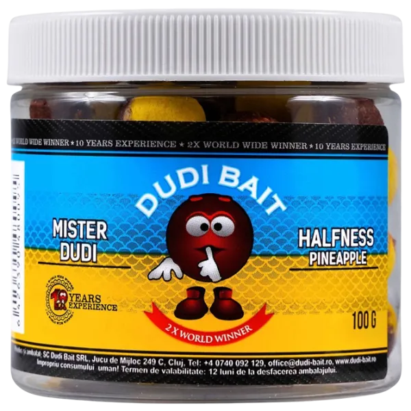 Boilies Dudi Bait Mister Dudi HALFNESS Pineapple / 0.1 kg / 16 mm photo 1 Boilies Dudi Bait Mister Dudi HALFNESS Pineapple / 0.1 kg / 16 mm photo 1