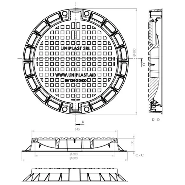 Capac canalizare Uniplast EN124 Black / Fontă  photo 3