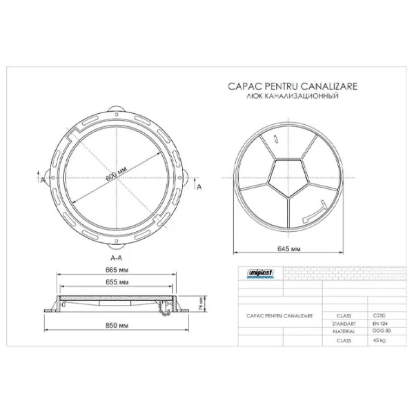 Capac canalizare Uniplast EN124 Black / Fontă  photo 4