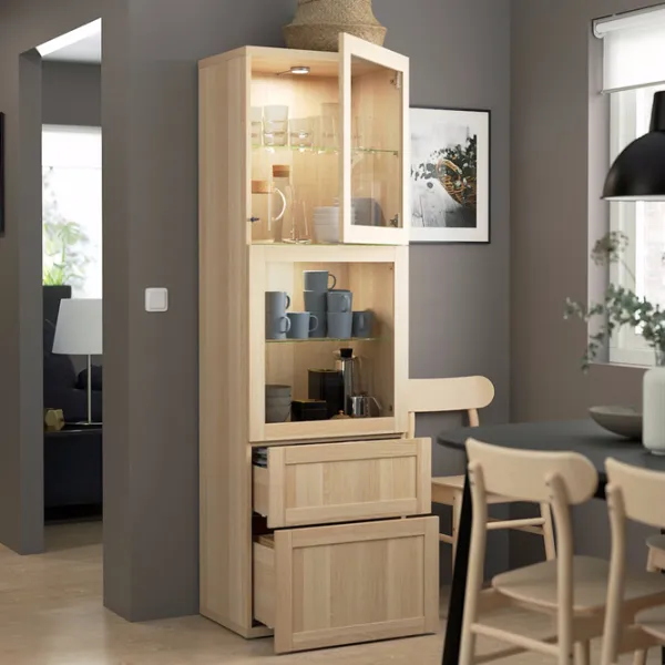 Dulap cu vitrină Ikea Besta/Hanviken Sticlă / Whitewashed Oak photo 3