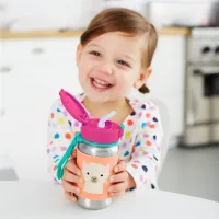 Sticluță cu pai Skip Hop Zoo Lama 350 ml 1 an/ Oțel inoxidabil/ Orange photo 3