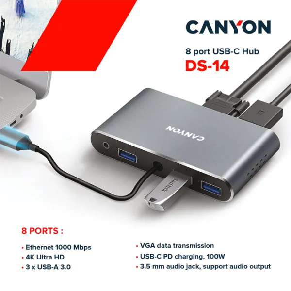 Adapter Canyon DS-14 8-in-1 USB Type-C/ Gray photo 3