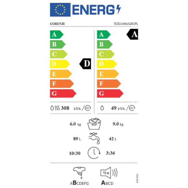 Mașină de spălat cu uscător Gorenje WD2A964ADS/PL 9 kg / 1400 rpm / White photo 10