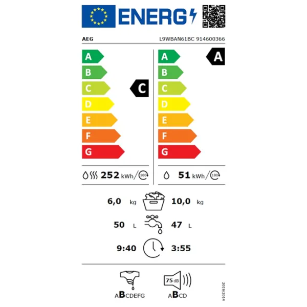 Mașină de spălat cu uscător AEG L9WBAN61BC 10 kg / 1600 rpm / White photo 5