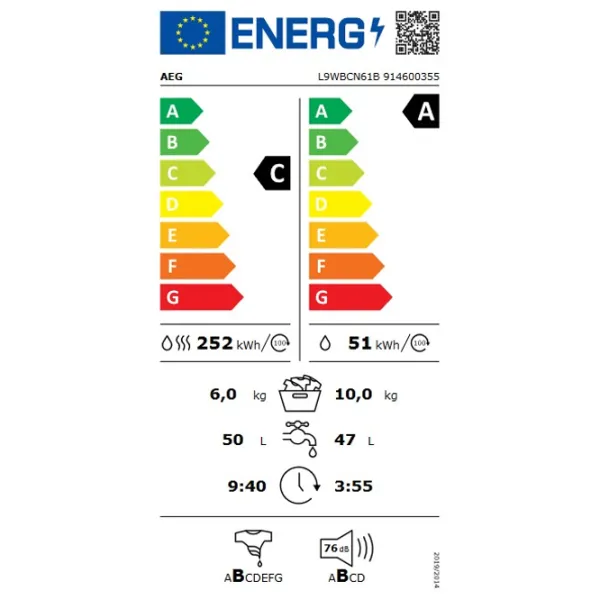 Mașină de spălat cu uscător AEG L9WBCN61B 10 kg / 1600 rpm / White photo 6